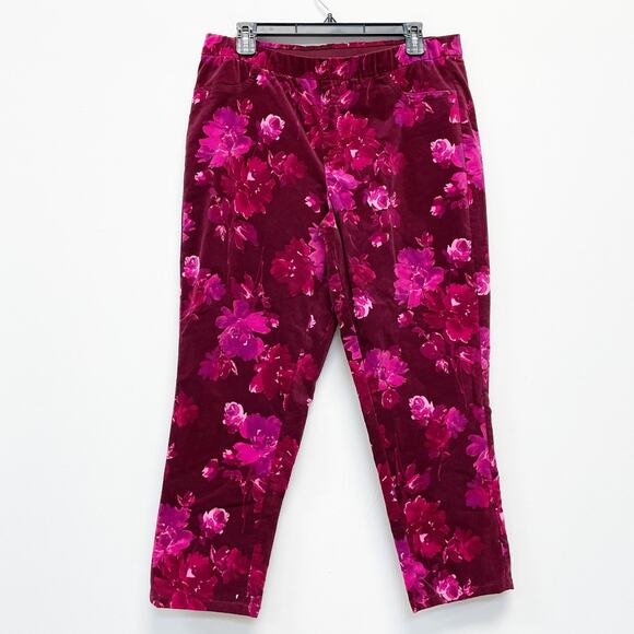 Isaac Mizrahi Live! NWOT Women's 14P Purple Floral Elastic Waist Velvet Pants - Picture 2 of 5